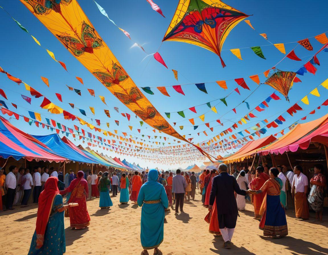 A colorful kite festival scene filled with vibrant, intricately patterned kites flying against a clear blue sky, accompanied by joyful families and friends celebrating together on a sunny day. In the foreground, people of diverse cultures wearing traditional attire are holding strings, laughing and sharing snacks, while colorful banners and festive decorations sway in the gentle breeze. The atmosphere should convey a sense of community and cultural richness. super-realistic. vibrant colors. 3D.