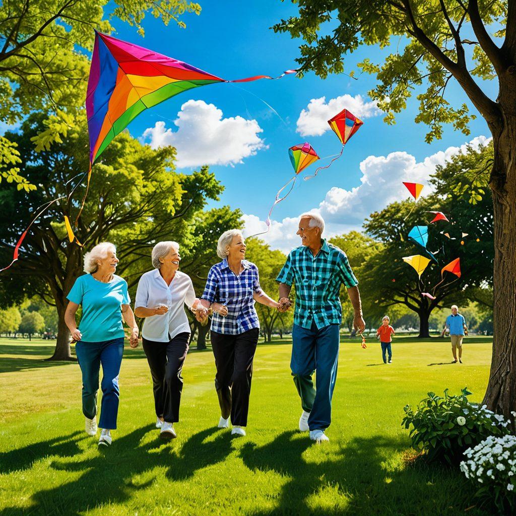 A joyful scene of a multi-generational family flying colorful kites in a lush green park. The grandparents, parents, and children are laughing and running together under a bright blue sky with fluffy white clouds. Vibrant kites of various shapes and sizes soar above, showcasing the spirit of connection and fun. Include a picnic setup in the corner to emphasize the family bonding aspect. super-realistic. vibrant colors. warm lighting.