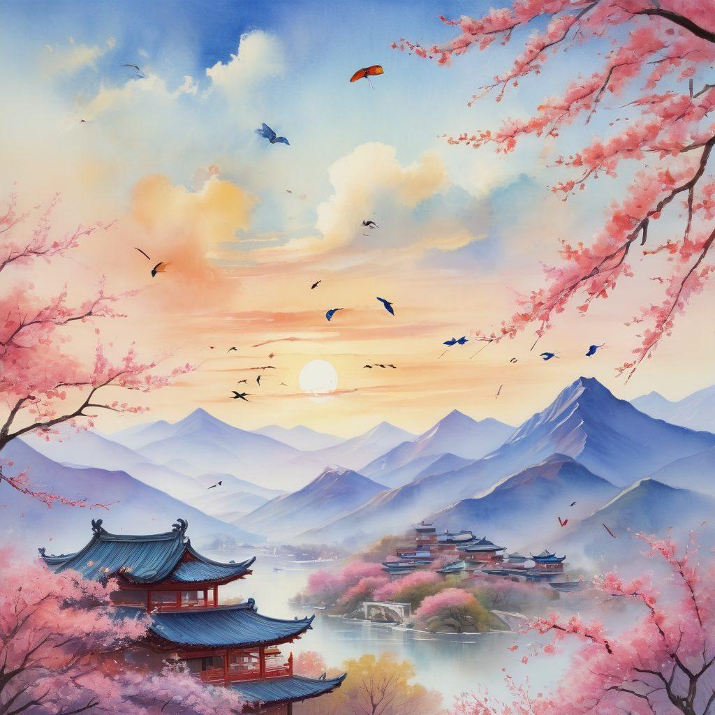 A colorful tableau of traditional Chinese kites soaring against a bright blue sky, showcasing intricate designs and patterns. The scene captures various kite shapes, including dragons and butterflies, symbolizing culture and artistry. Below, a serene landscape with a distant mountain range and blossoming cherry trees adds depth. Include a soft glow of sunlight filtering through the clouds, enhancing the vibrancy of the kites. watercolor painting. vibrant colors.